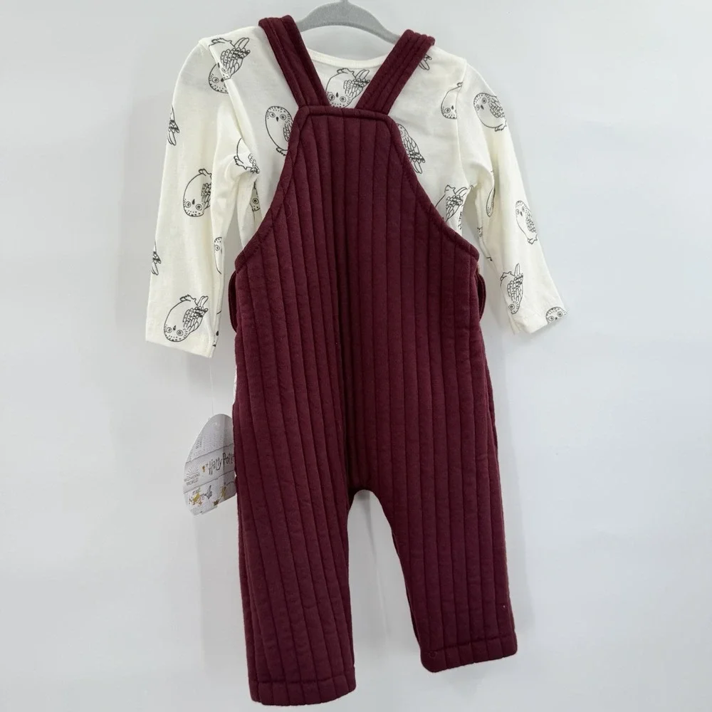 Harry Potter Hedwig Hogwarts Quilted Overalls Romper Bodysuit Set Baby 12M NWT